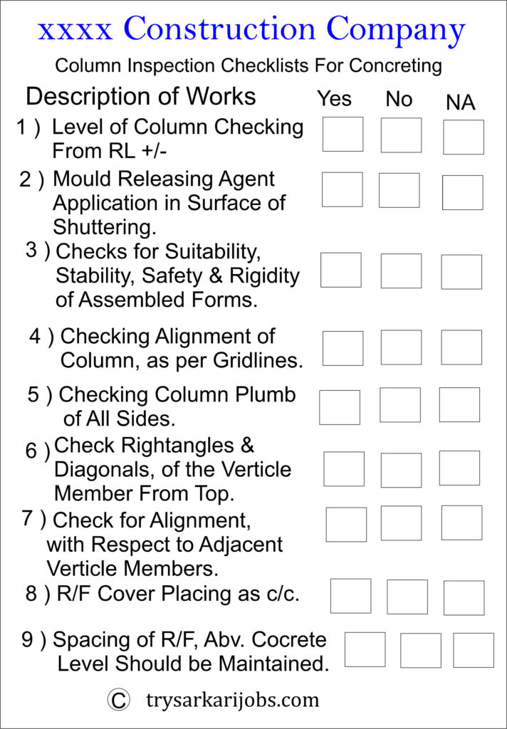 Column Inspection Checklist Formwork Shuttering & Centering Construction